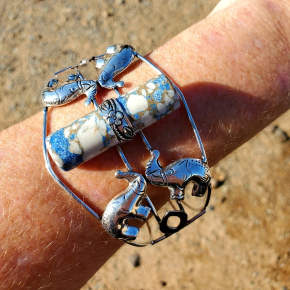 New Unique Cylinder Shaped Mosaic Jasper 925 Silver Bracelet. - Picture 2 of 12